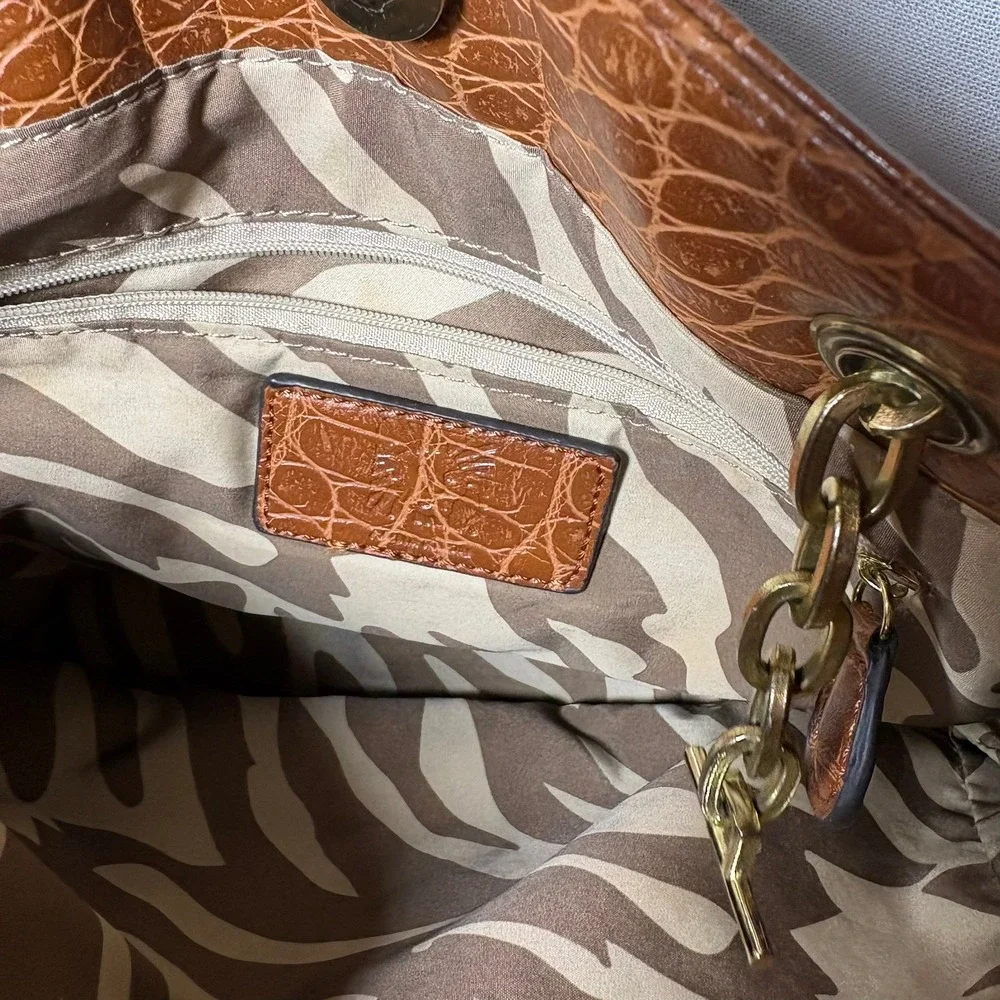 Anne Klein Cognac Brown Croc Embossed Tote‎ Bag Gold Chain Zebra Print Lining